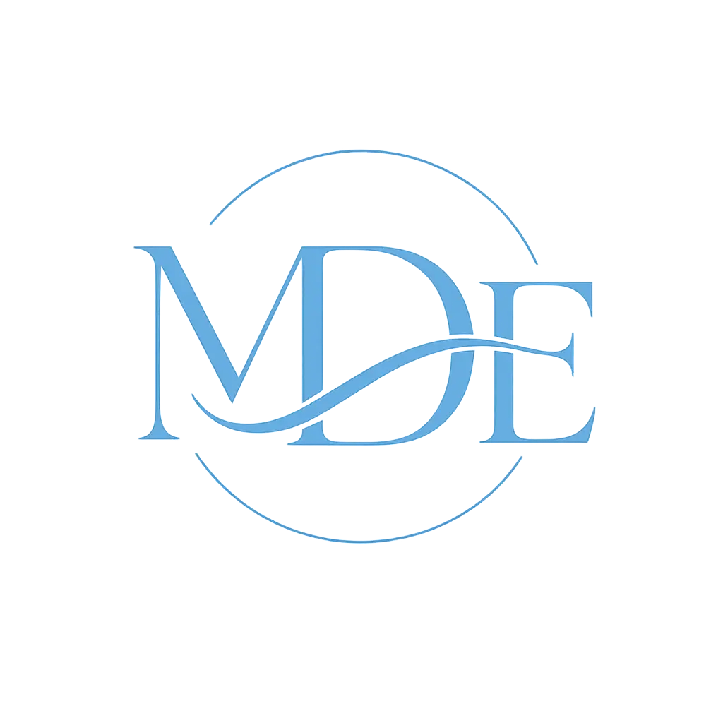 MDE monogram logo for Maria Digital Expert in light blue minimalist digital marketing branding style with transparent background.